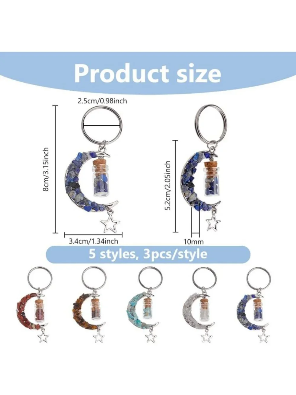 15Pcs Crescent Moon Keychains with Gemstone Charms & Glass Wish Jar - Unique